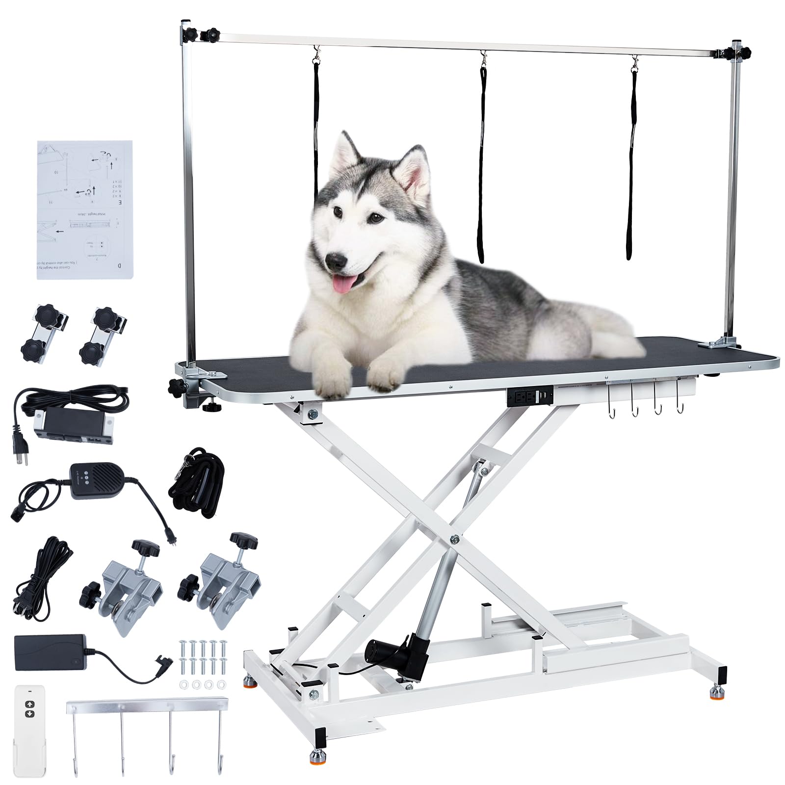Garvee 48" Electric Dog Grooming Table, Stainless Steel, Non-slip Surface, Remote Lifting, Pet Grooming Table with Adjustable Overhead Arm & Noose for Home Use, White