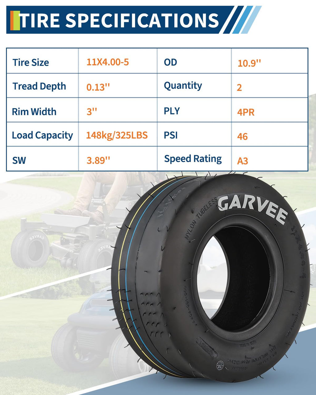 Garvee 2 Pack 11x4.00-5 Lawn Mower Tire Tubeless for Lawn & Garden Mowers, 4PR, Smooth Pattern, Black