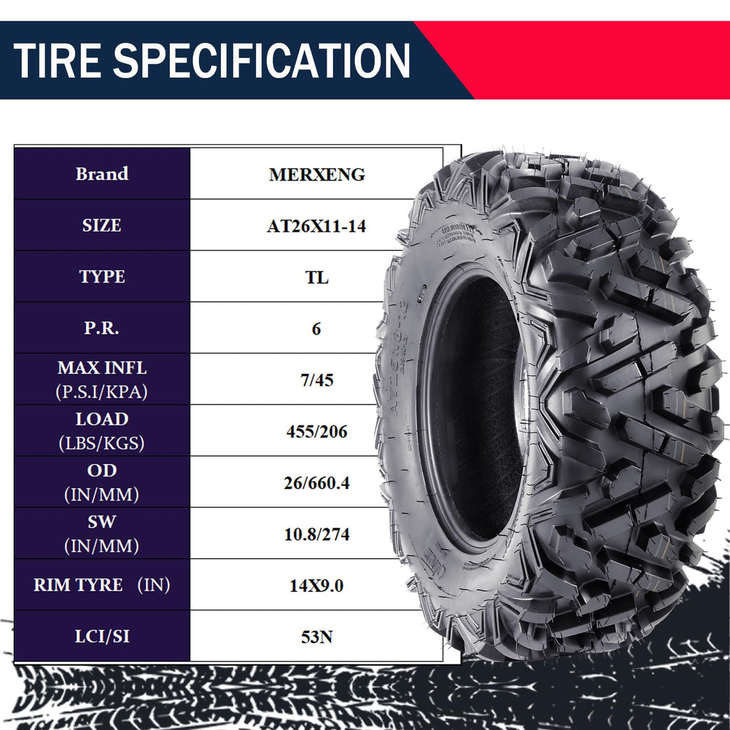 Garvee 26x11-14 ATV UTV Tires Set of 2, 6PR Tubeless All Terrain Off-Road Trail Sand Mud Tire, Durable 6-Ply, Enhanced Shoulder Traction, for Quad Go Kart Golf Cart Lawn Mower, Black