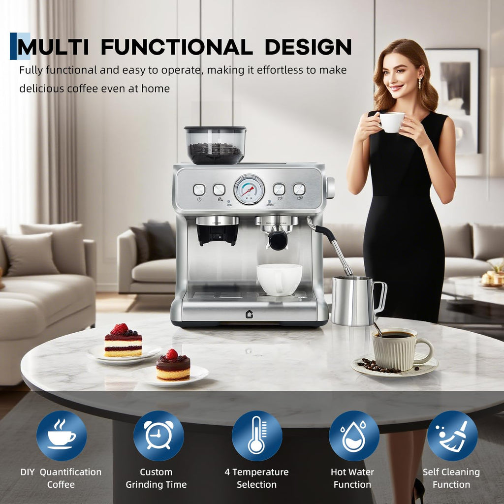 Garvee All-in-One Espresso 20-Bar Stainless Steel Espresso Machine with Grinder - Milk Frother, 2.8L Removable Water Tank, Perfect for Home and Office, Silver