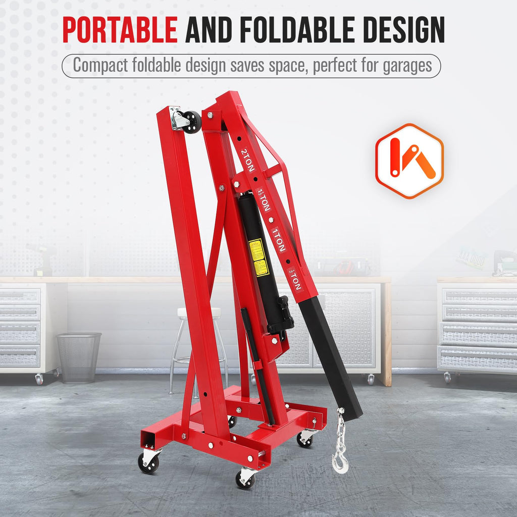 Garvee 2 Ton Folding Hydraulic Engine Hoist with Leveler, 4400 LBS Cherry Picker Shop Crane for Garage Workshop Warehouse, Heavy Duty, Red