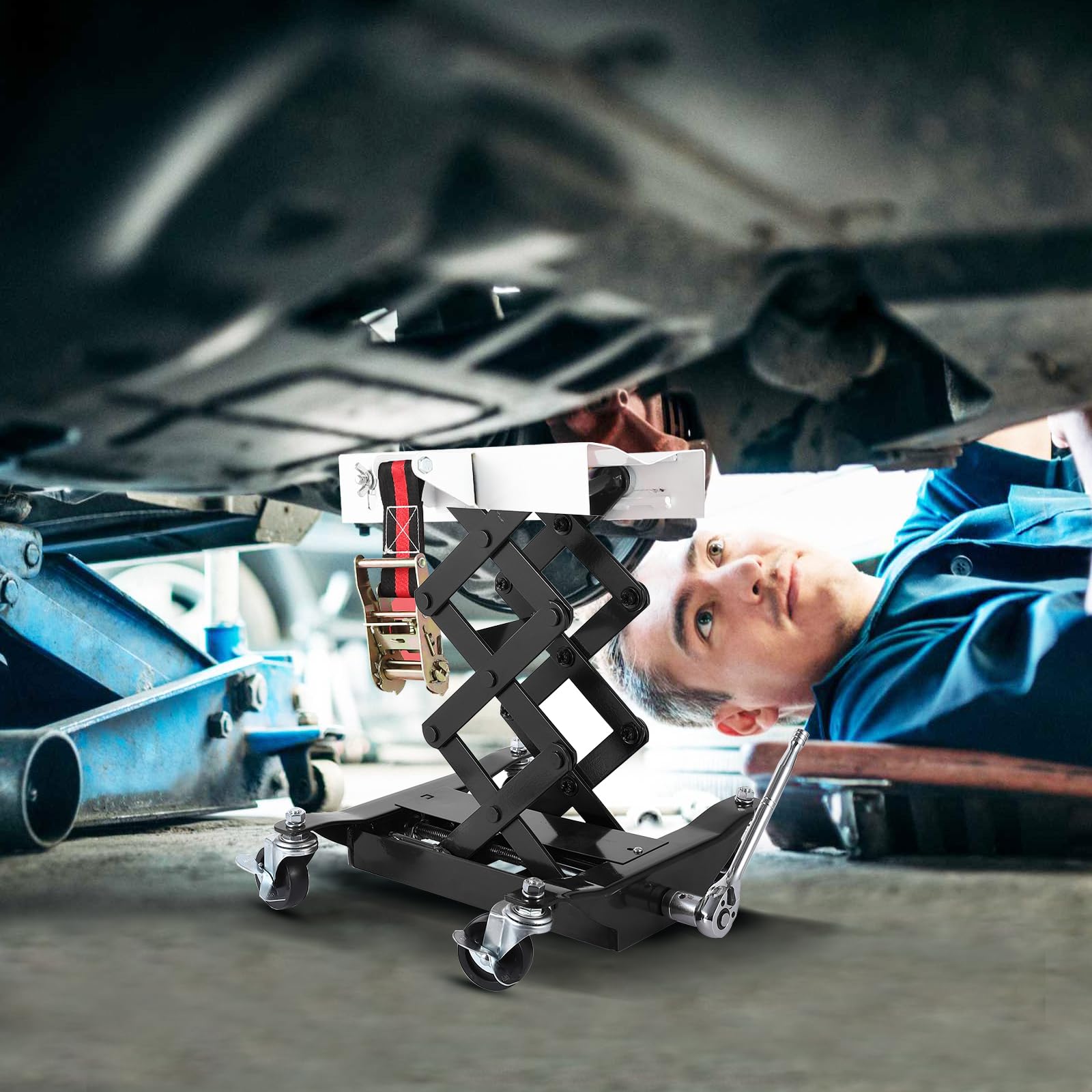 Garvee 450 LBS Capacity Low Profile Transmission Jack with 2M Safety Straps for Auto Repair, 7-23 in Lift Range, Black