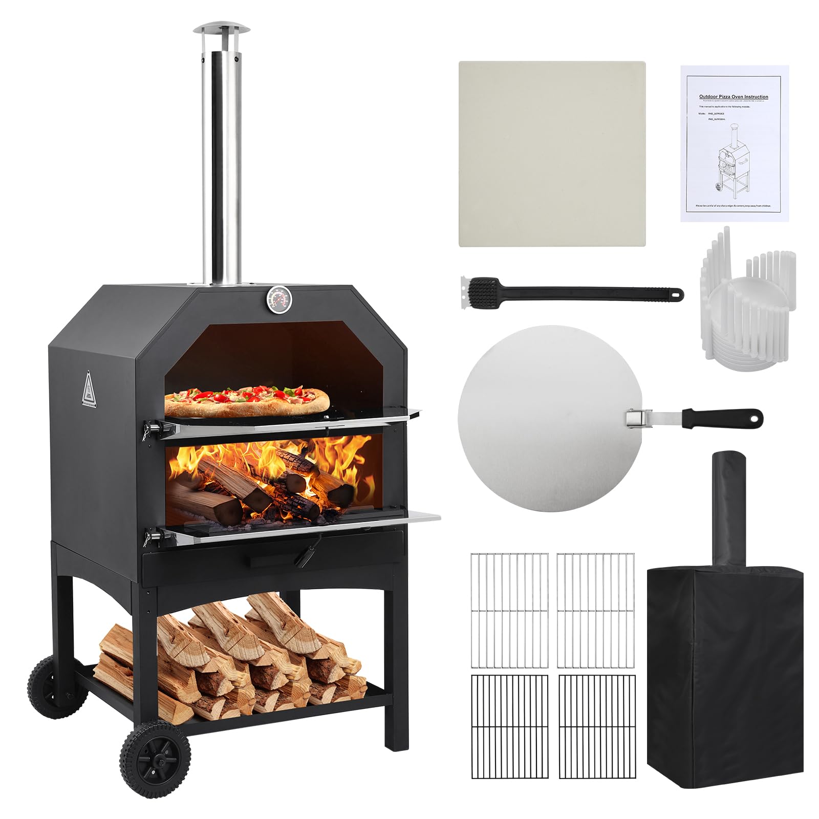 Garvee Outdoor Pizza Oven, Wood-Fired with Wheels, 12" Pizza Stone, Waterproof Cover, Pizza Peel & Accessories for Camping, Backyard BBQ, and Parties