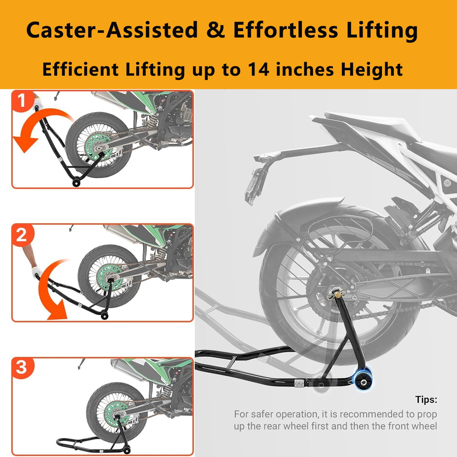 Garvee Motorcycle Stand, 850 lbs Capacity Adjustable Universal Rear Lift with Fork Heads for Sport & Dirt Bikes, Black