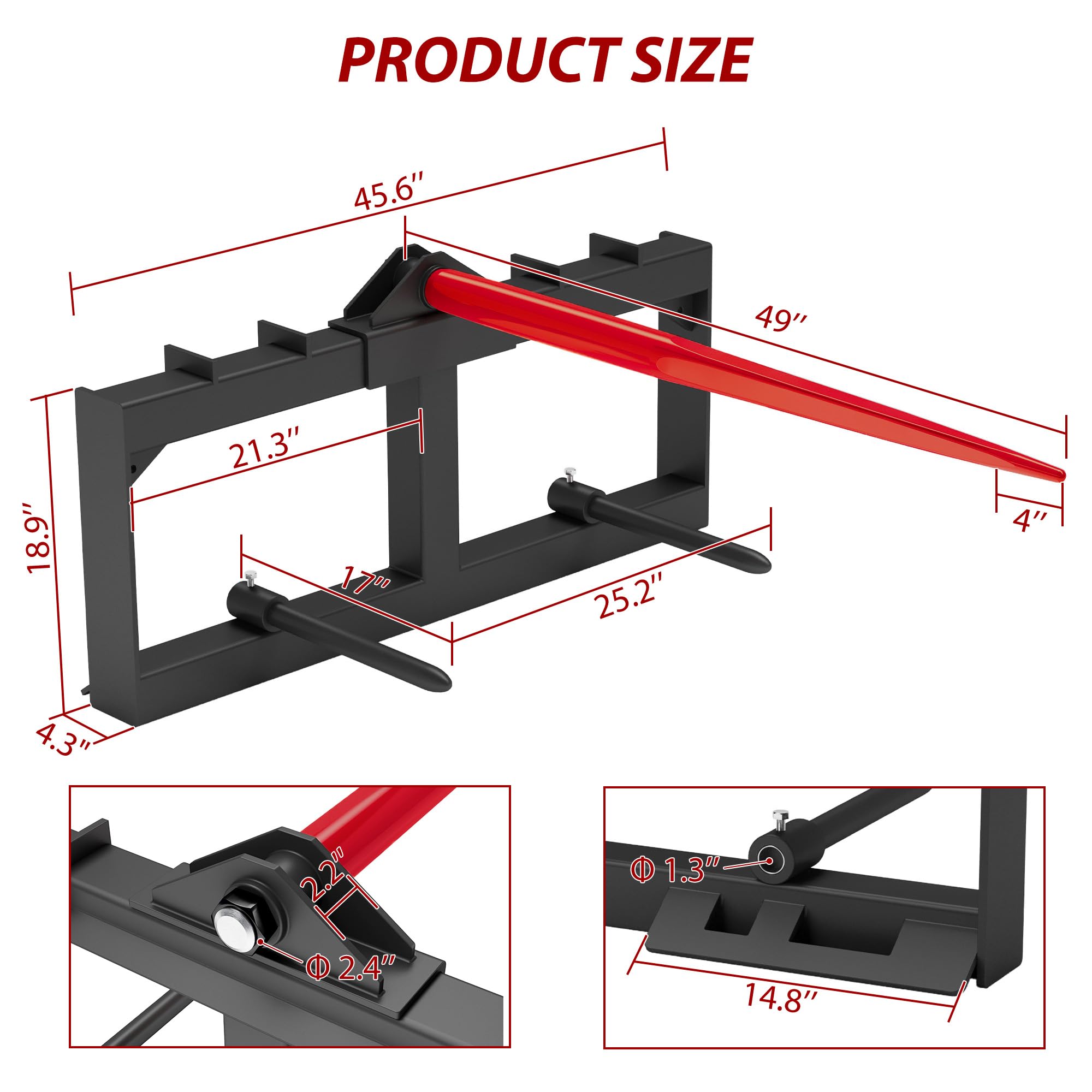 Garvee Skid Steer Hay Frame Attachment: 49" Hay Bale Spear, 2x17" Stabilizer Spears, 3000 lbs Load Capacity, Quick Attach for Tractors & Skid Steer Loader