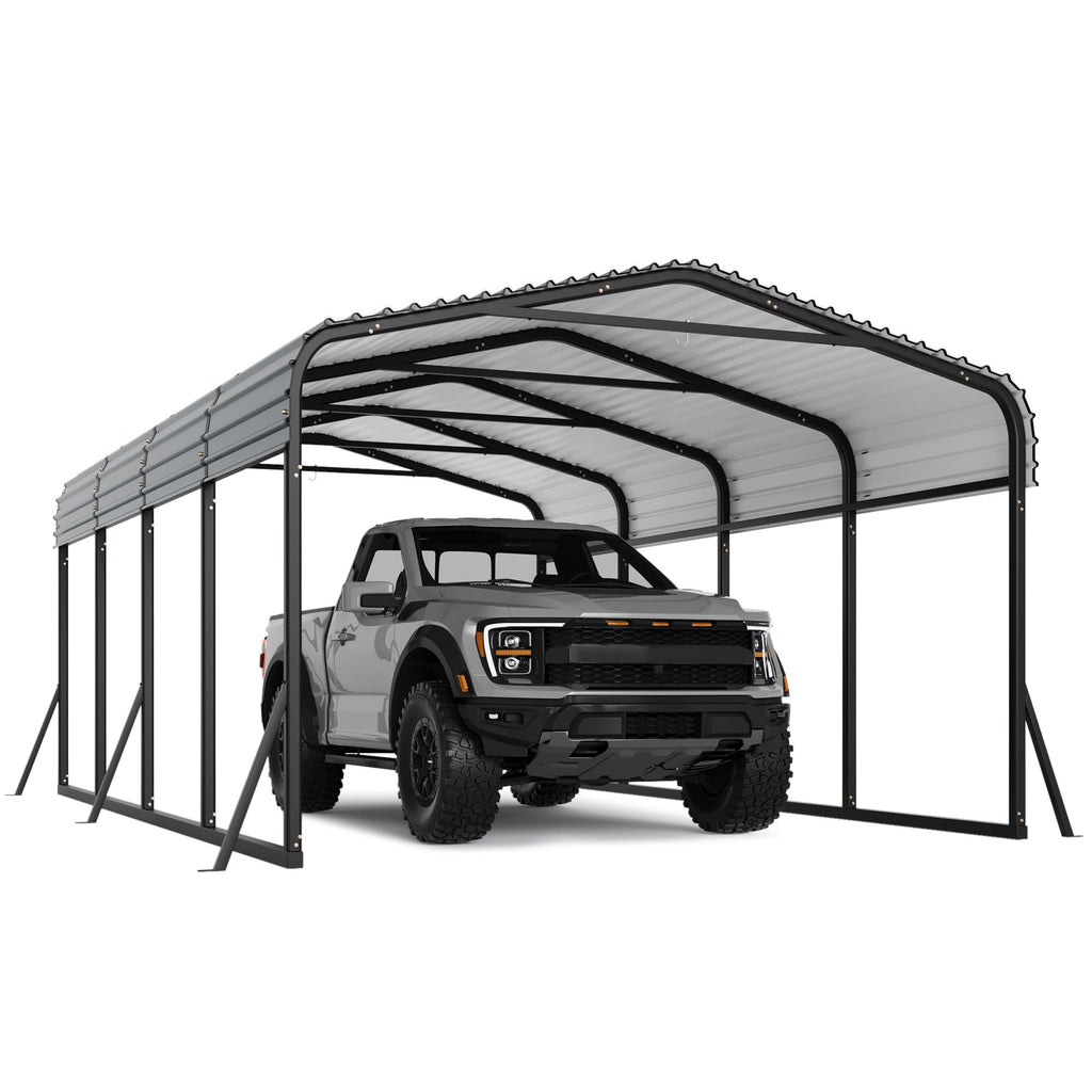 Garvee 12' × 20' Metal Carport, Galvanized Steel Roof Outdoor Shelter with Powder-Coated Frame, Anchors & 6 Support Rods, Dark Grey