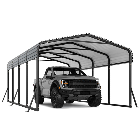 Garvee 12' × 20' Metal Carport, Galvanized Steel Roof Outdoor Shelter with Powder-Coated Frame, Anchors & 6 Support Rods, Dark Grey