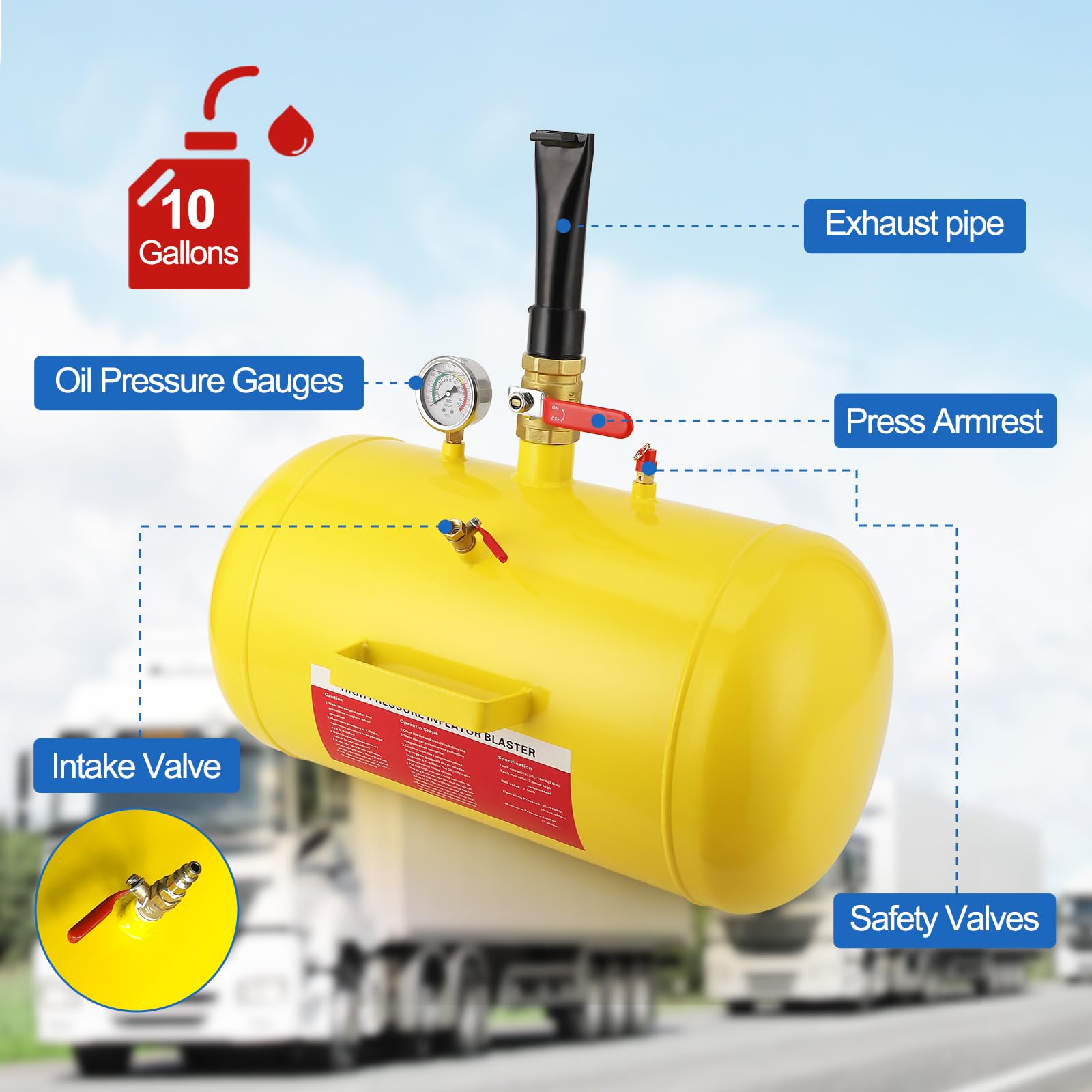 Garvee 10 Gallon Air Tire Bead Seater, Air Tire Seating Blaster Inflator, 85-116PSI Air Tire Bead Blaster with Pressure Gauge & Handle for Car Truck ATV(Yellow)
