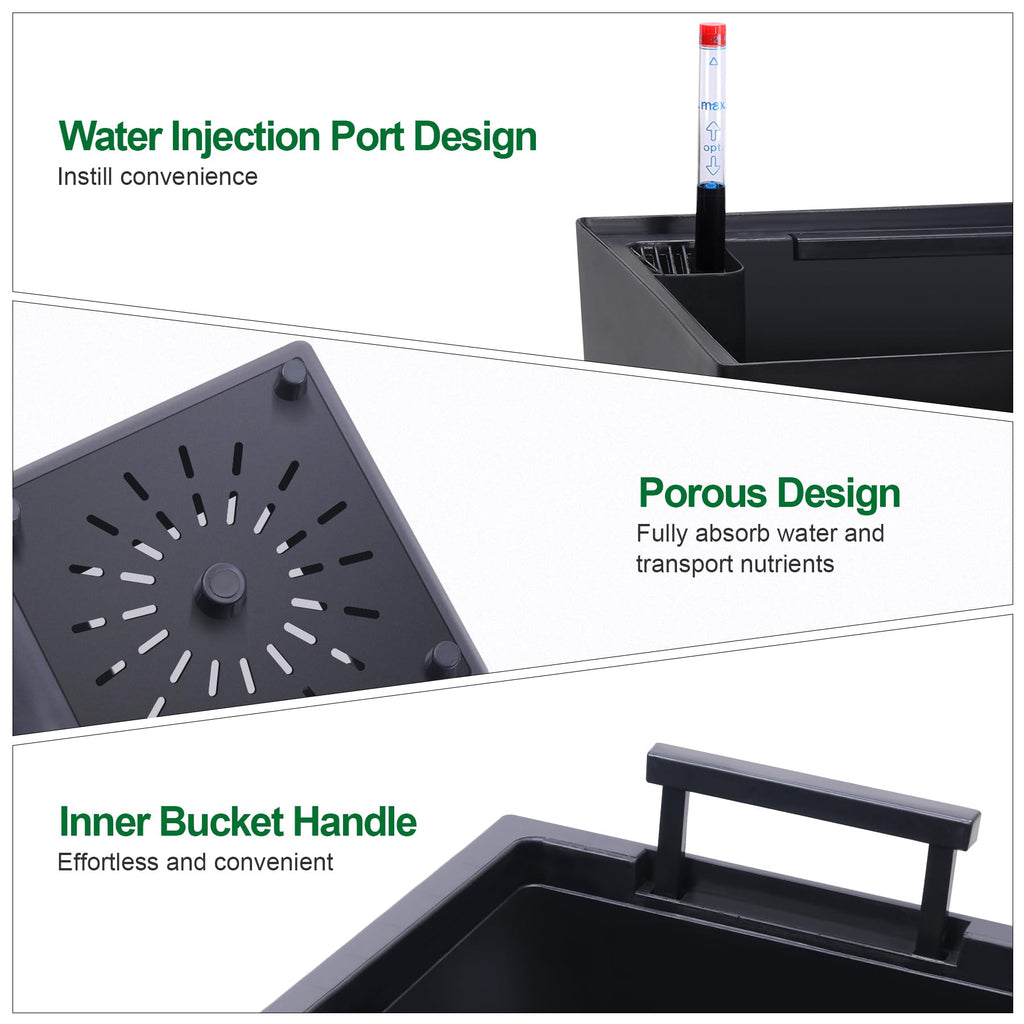 Garvee 23" Tall Planters Set of 2 - Modern Indoor/Outdoor Plant Pots with Drainage Holes, Water Level Monitor, Inner Bucket & Automatic Watering, Black