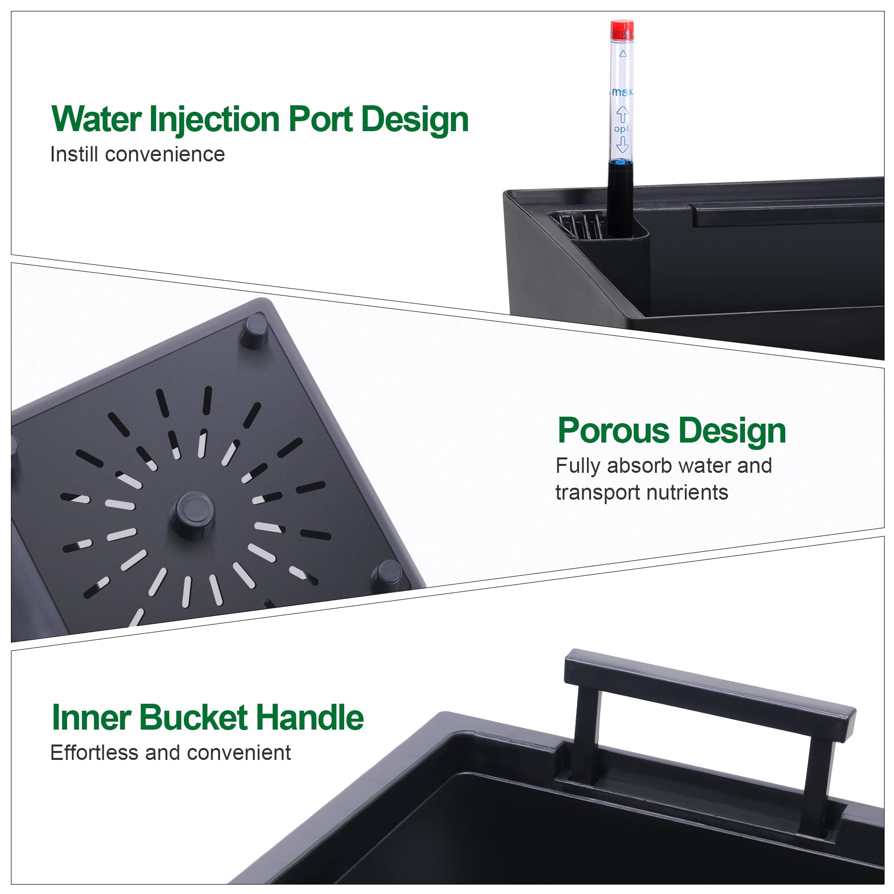 Garvee 23" Tall Planters Set of 2 - Modern Indoor/Outdoor Plant Pots with Drainage Holes, Water Level Monitor, Inner Bucket & Automatic Watering, Black