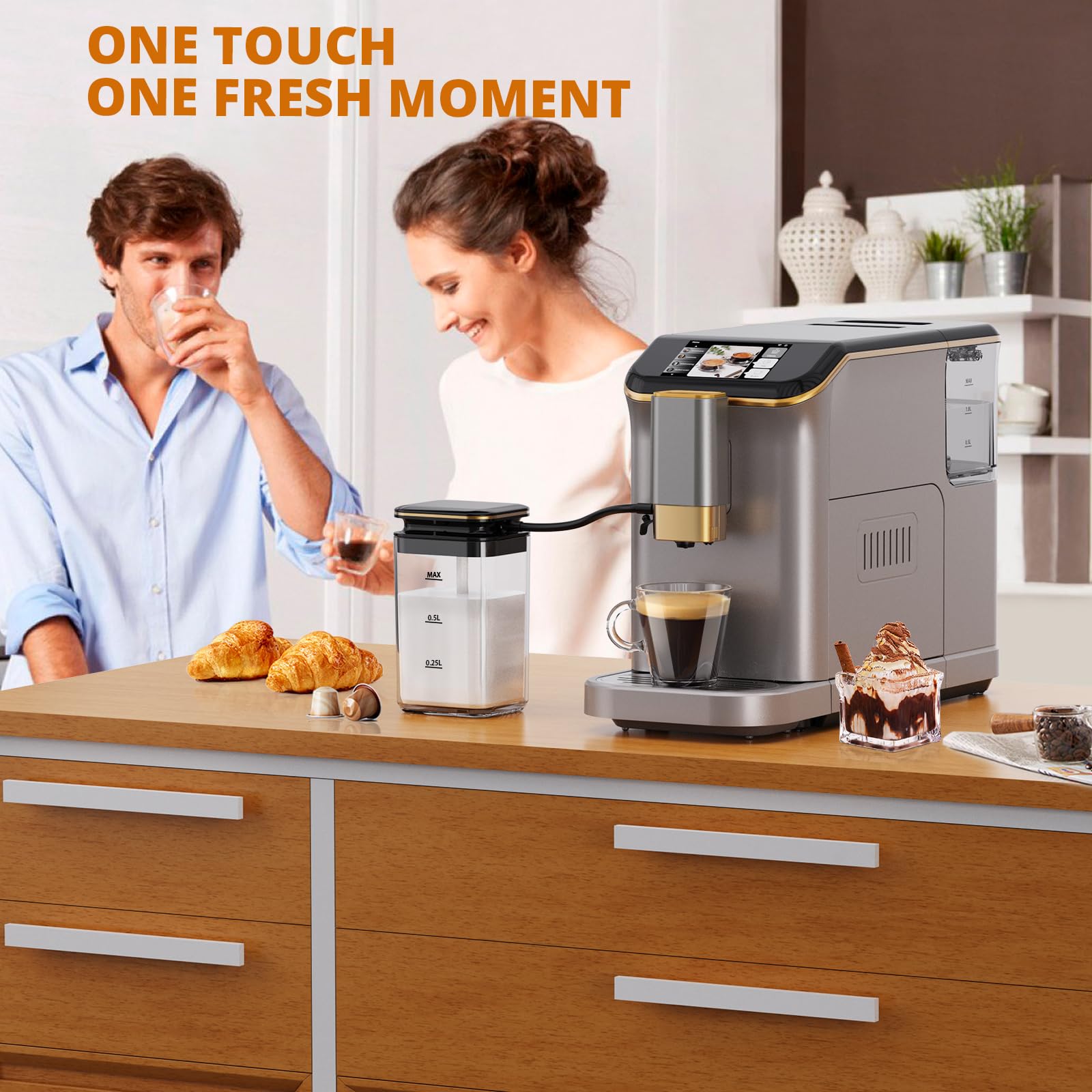 Garvee Automatic Espresso Machine, Coffee Machine with Grinder, Espresso Maker with Automatic Milk Frother, 20 Bar Latte Machine, TFT Touch Screen for Cappuccino, Americano(Silver+Gold)
