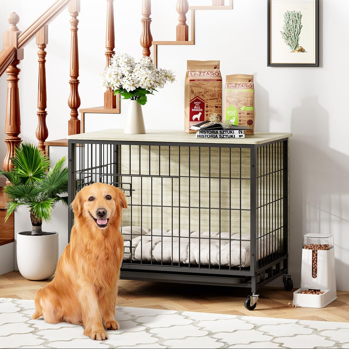 Garvee Dog Crate Furniture, 32.5" Wooden Dog Kennel Furniture Style Dog Crate with Removable Tray and Wheels, Heavy-Duty Double-Doors Dog Cage End Table, Indoor Dog House for Large Dogs, Grey