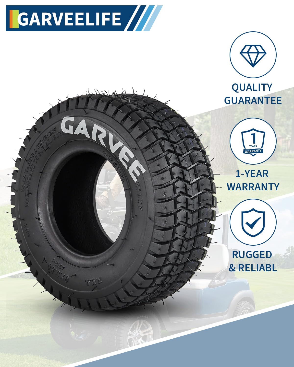 Garvee 2 Pack 9x3.50-4 Lawn Mower Tire V Pattern Tubeless for Lawn Garden Riding Mower Tractor Golf Cart Utility Vehicles 4PR Black