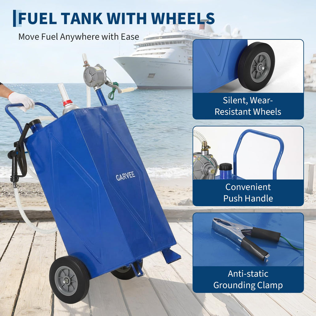 Garvee 30 Gallon Fuel Gas Caddy, Portable Storage Tank with Wheels and Manual Hand Pump for Gasoline and Diesel Transfer, Suitable for ATV, Car, Mower, Tractor, and Boat, Blue