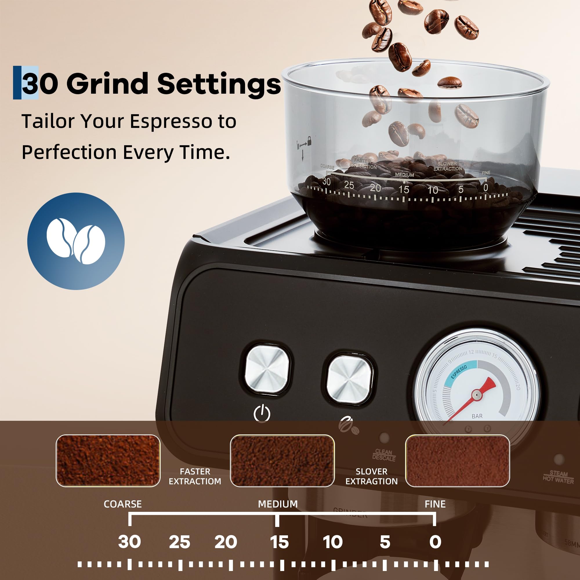 Garvee 20-Bar Stainless Steel All-in-One Espresso Machine with Grinder - 2.8L Removable Water Tank, Milk Frother Steam Wand, Adjustable Shot Volume for Latte and Cappuccino, Professional for Home and Office Use