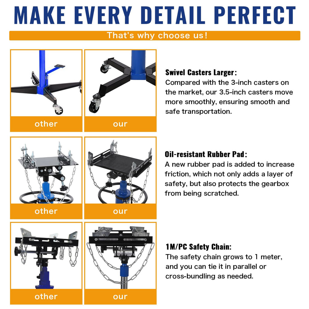 Garvee 1322lbs Transmission Jack Lift with Anti-Slip Rubber Pad, Adjustable Telescoping Hydraulic Transmission Jack, High Lift Single Telescopic Jacks Hoist w/Pedal, 33.8" to 72.8" Lifting Range