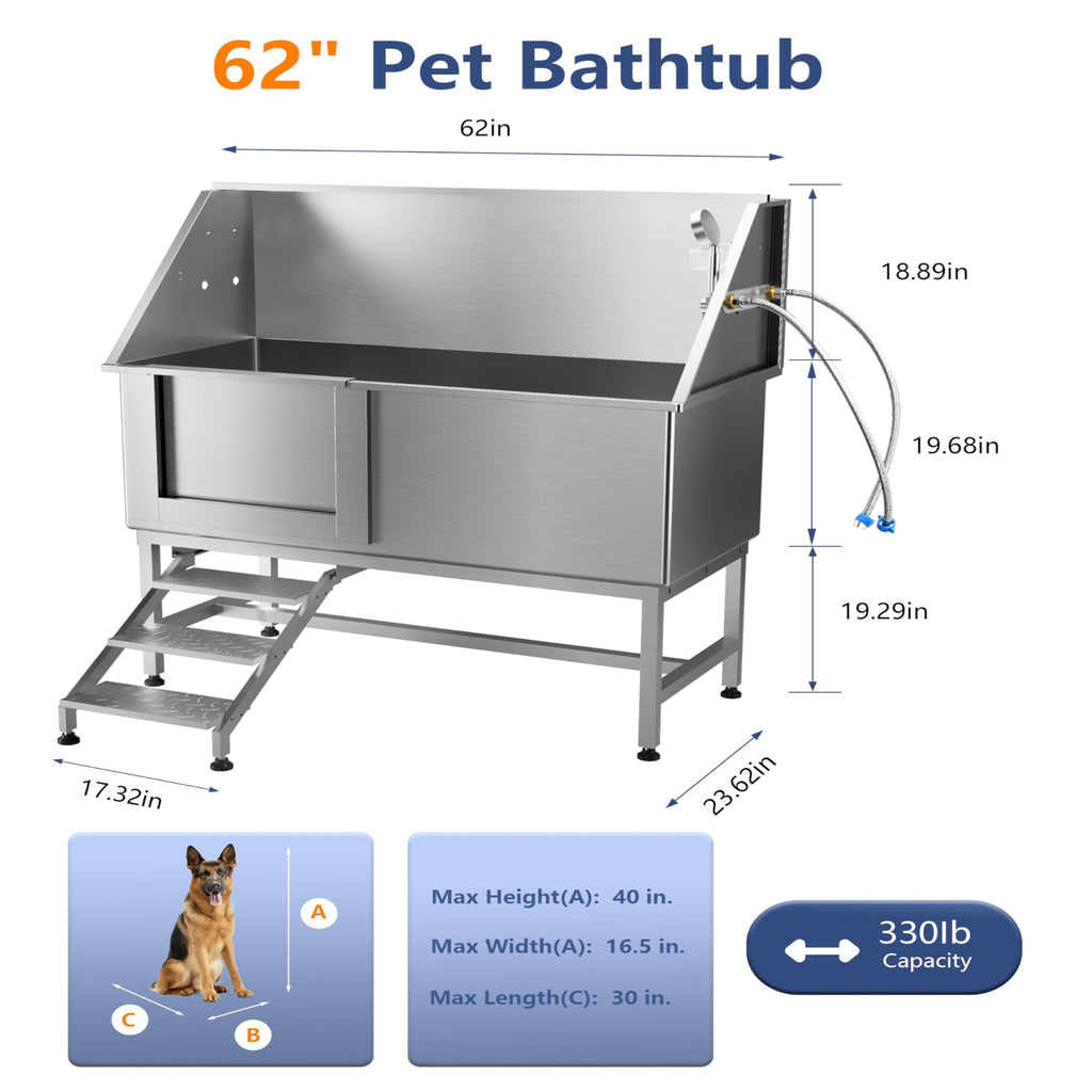 Garvee 62" Dog Grooming Bathtub, Professional Stainless Steel Pet Dog Bathing Station for Large Pets, Left Door & Stairs with Faucet, Sprayer, Drain