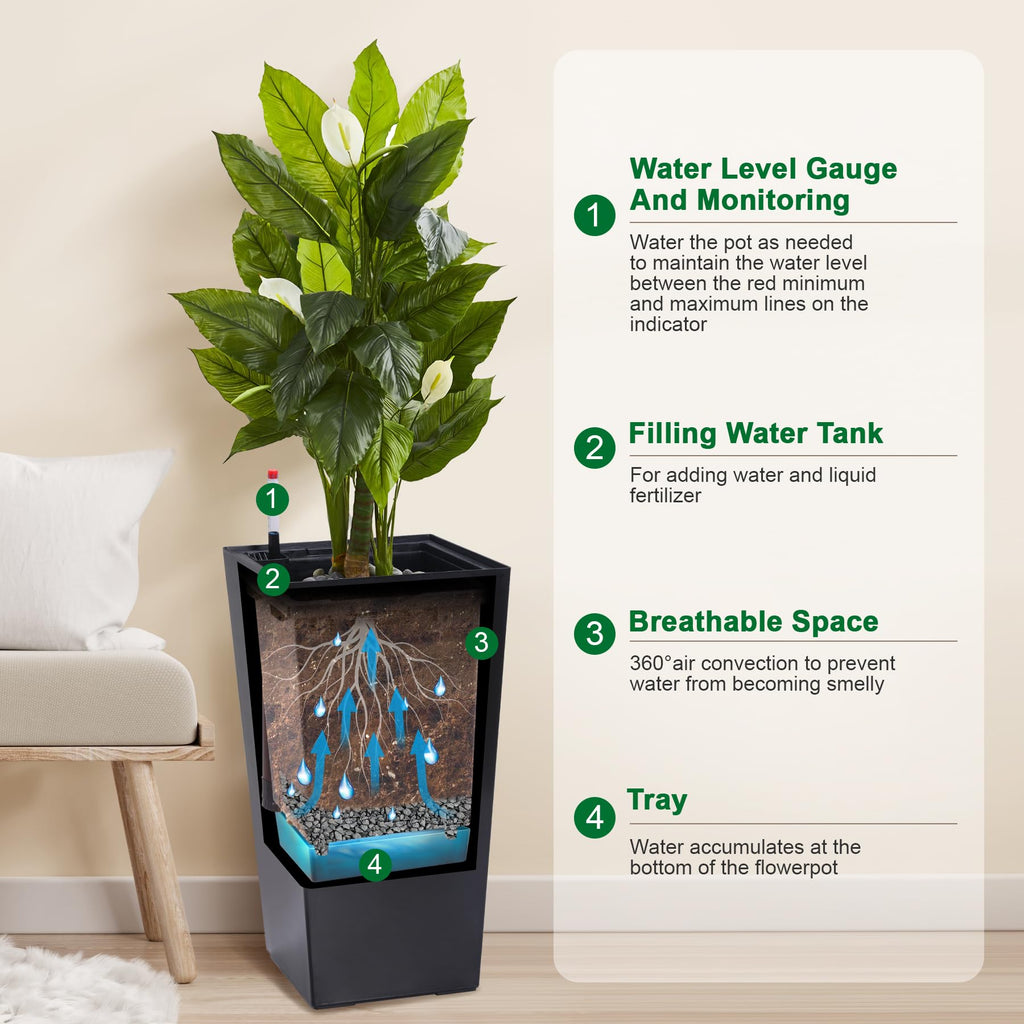 Garvee 23" Tall Planters Set of 2 - Modern Indoor/Outdoor Plant Pots with Drainage Holes, Water Level Monitor, Inner Bucket & Automatic Watering, Black