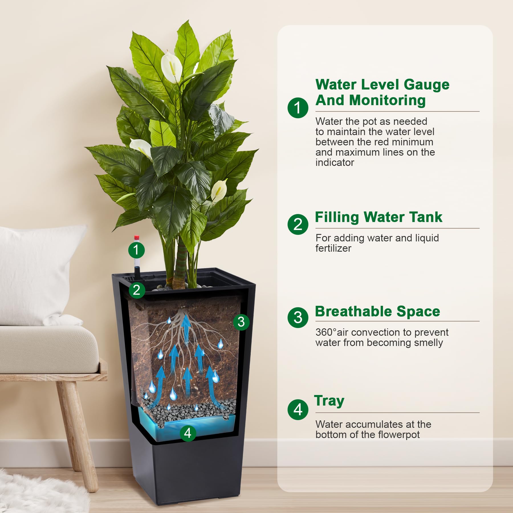 Garvee 23" Tall Planters Set of 2 - Modern Indoor/Outdoor Plant Pots with Drainage Holes, Water Level Monitor, Inner Bucket & Automatic Watering, Black
