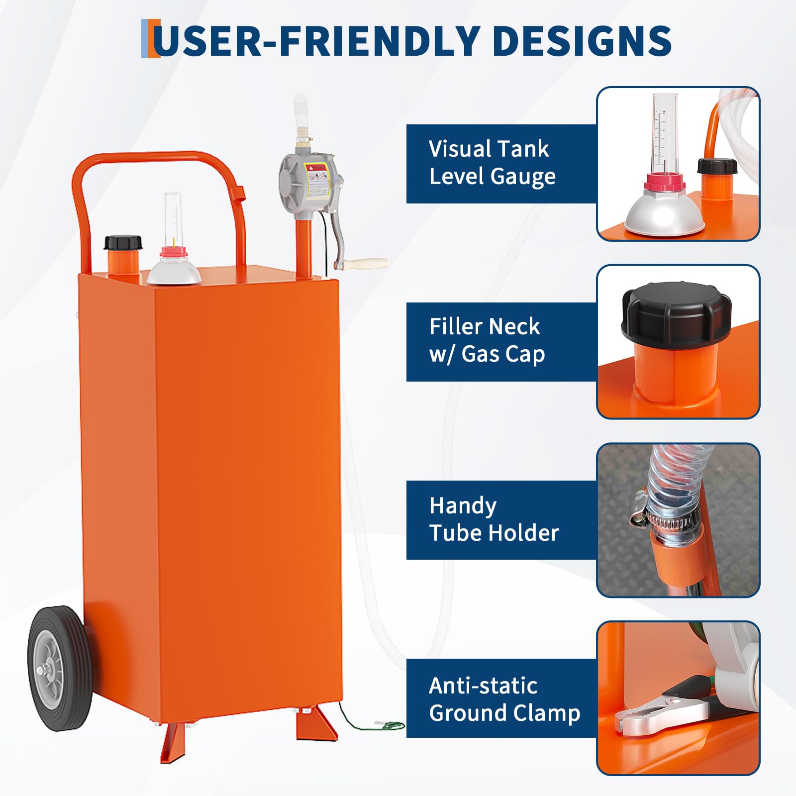 Garvee 30 Gallon Fuel Caddy with Manual Pump, 9.8 ft UV-Resistant Hose Tank Gauge Ground Clamp 2 Wheels, Portable Gas Diesel Tank for Car Boat ATV Lawn Mower, Orange