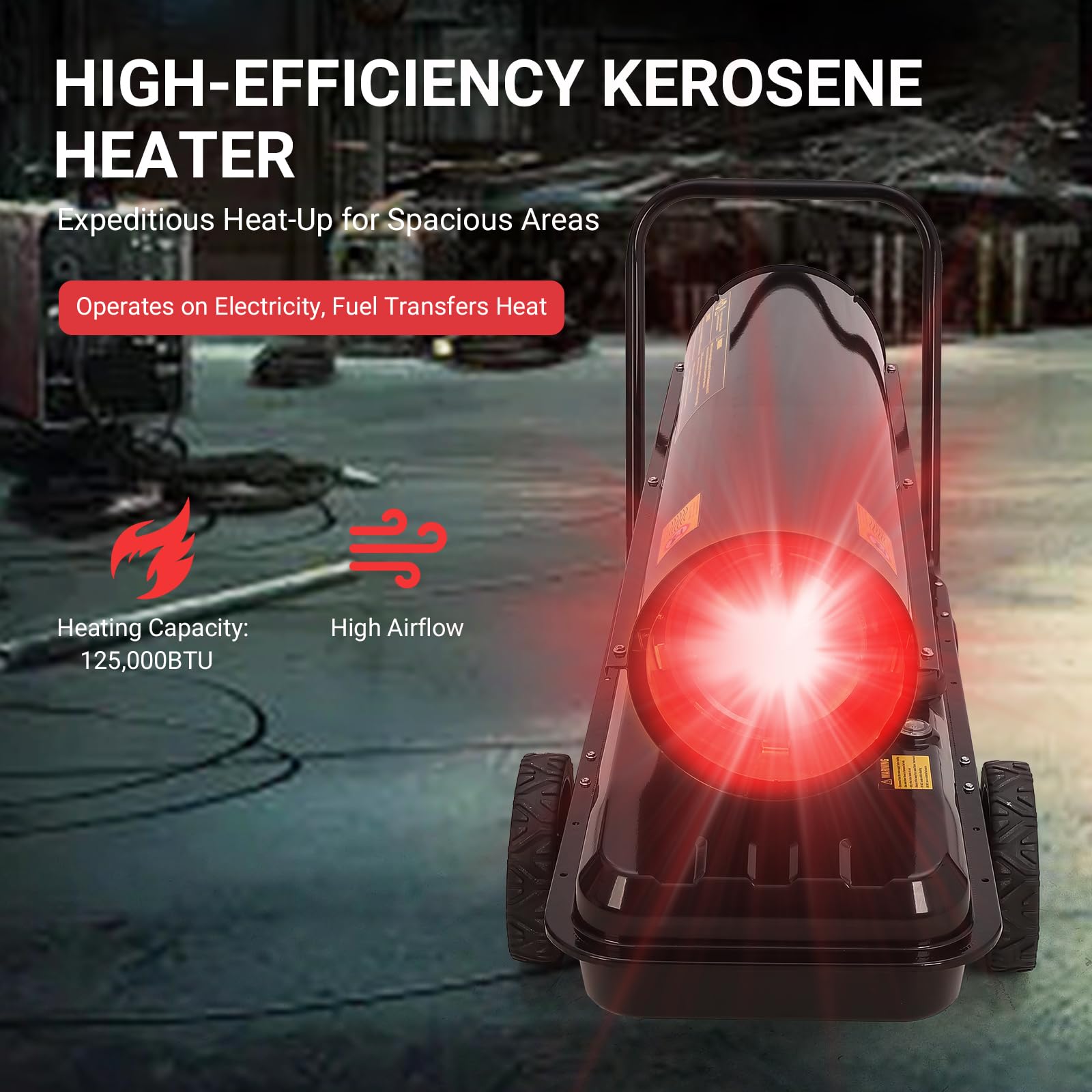 Garvee 125,000 BTU Forced Air Kerosene Diesel Heater, Portable with Thermostat, for Indoor, Outdoor, Garage, Workshop, Job Site, Farm, Construction, Black