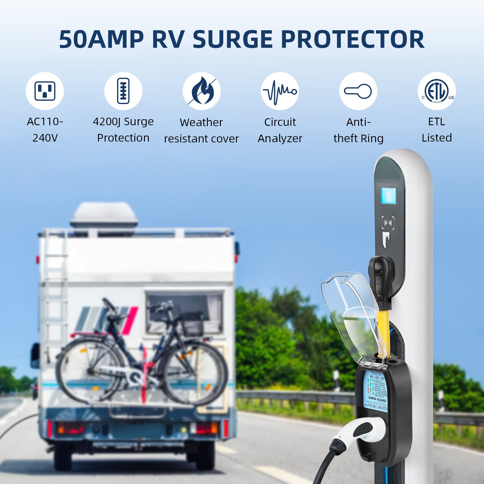 Garvee 50 Amp Surge Protector for RV, RV Surge Protector Waterproof with 4200 Joules Full Protection, Weather Resistant Cover, Easy to Use Handle