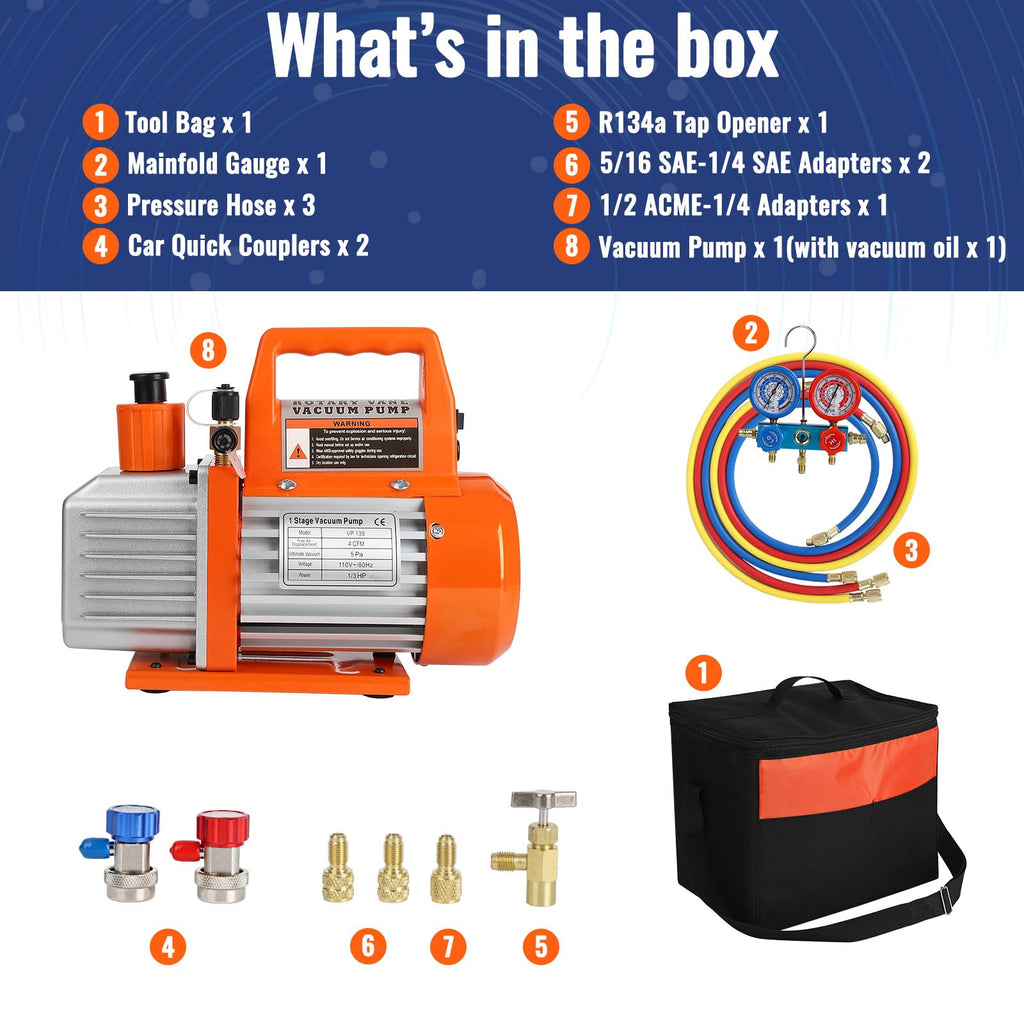 Garvee 110V 1/4 HP 3.5CFM Single Stage Rotary Vane Air Vacuum Pump and R134a AC Manifold Gauge Set Kit with Leak Detector Carry Bag for HVAC Air Conditioning Refrigeration Recharging ETL Listed