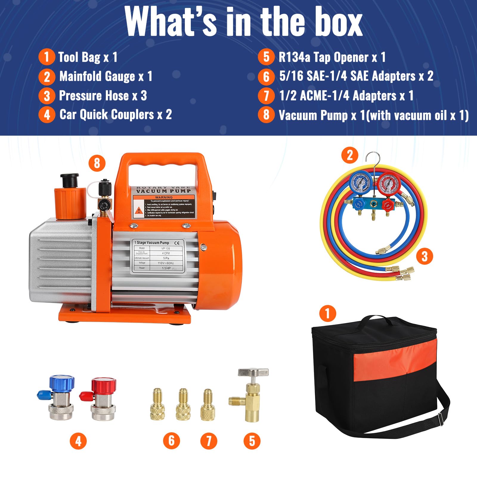 Garvee 110V 1/4 HP 3.5CFM Single Stage Rotary Vane Air Vacuum Pump and R134a AC Manifold Gauge Set Kit with Leak Detector Carry Bag for HVAC Air Conditioning Refrigeration Recharging ETL Listed