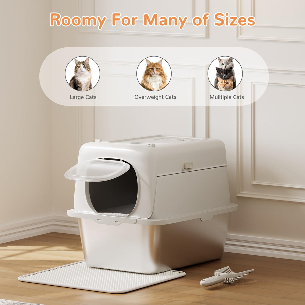 Garvee Stainless Steel Litter Box with Lid Large Enclosed Cat Box for Big Cats Metal High Sided Enclosure Scoop Litter Mat Odor Free