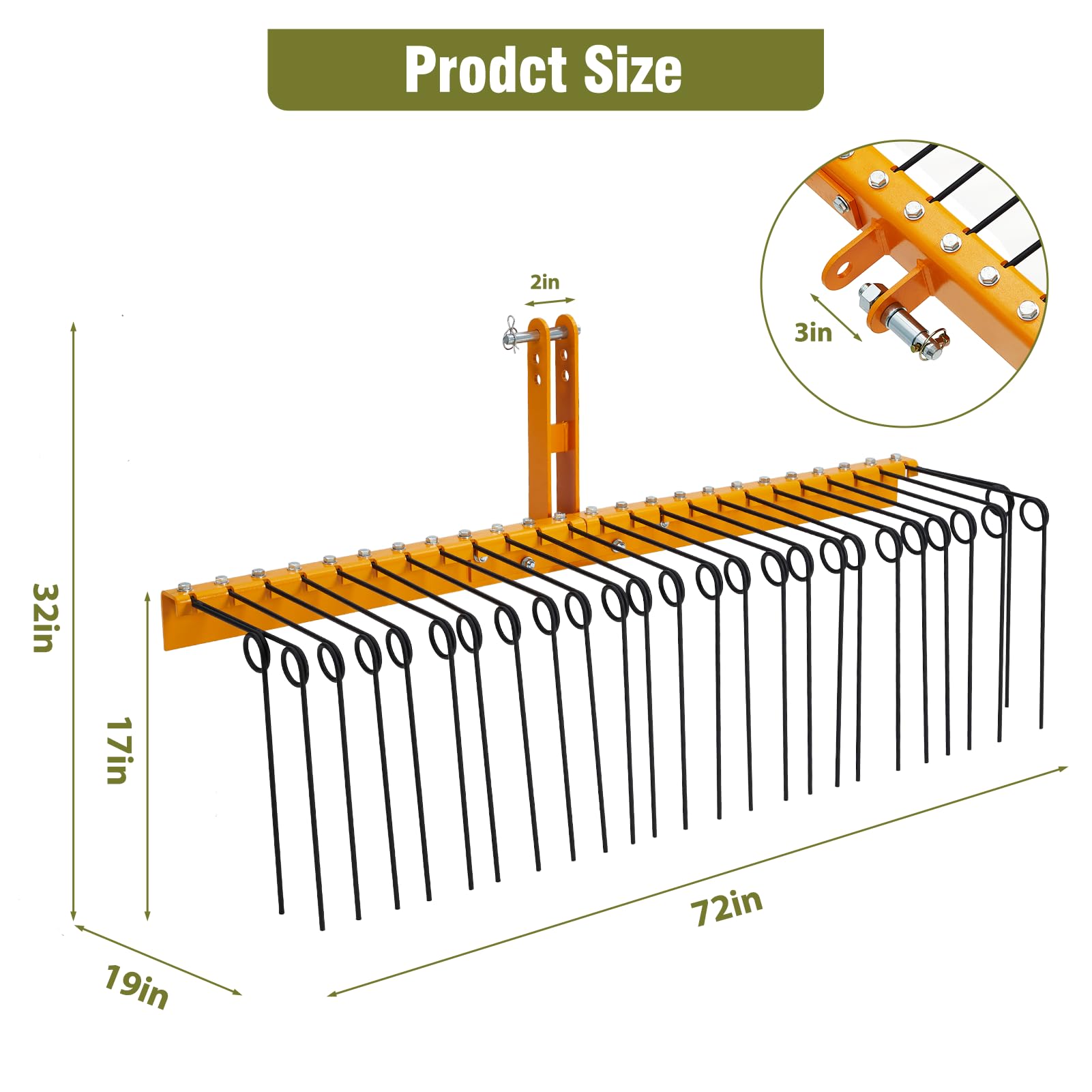 Garvee 72 Inch Pine Straw Rake - 30pcs 8mm Coil Spring Tines Durable Powder Coated Steel Tow Behind Landscape Rake with 3 Point Hitch Receiver Attachment Fit to Cat0 Cat 1 Tractors for Leaves Grass, Yellow