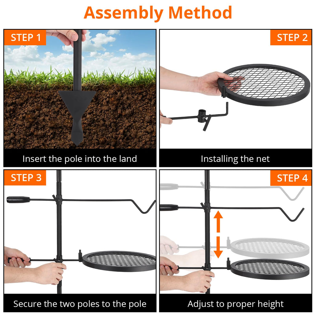 Garvee Campfire Grill Grate, 13.4" Open Fire Grate Fire Pit, Portable Campfire Barbecue Rack, Grill Cooking Equipment for Camping Outdoor Camp Fire with Height Adjustable Swivel Grill Grate and Hanger Rod