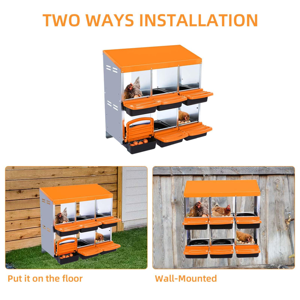 Garvee Chicken Nesting Box 6-Hole Roll Away Egg Laying Box with Lid Heavy-Duty Galvanized Steel Rustproof Design Wall-Mountable Orange