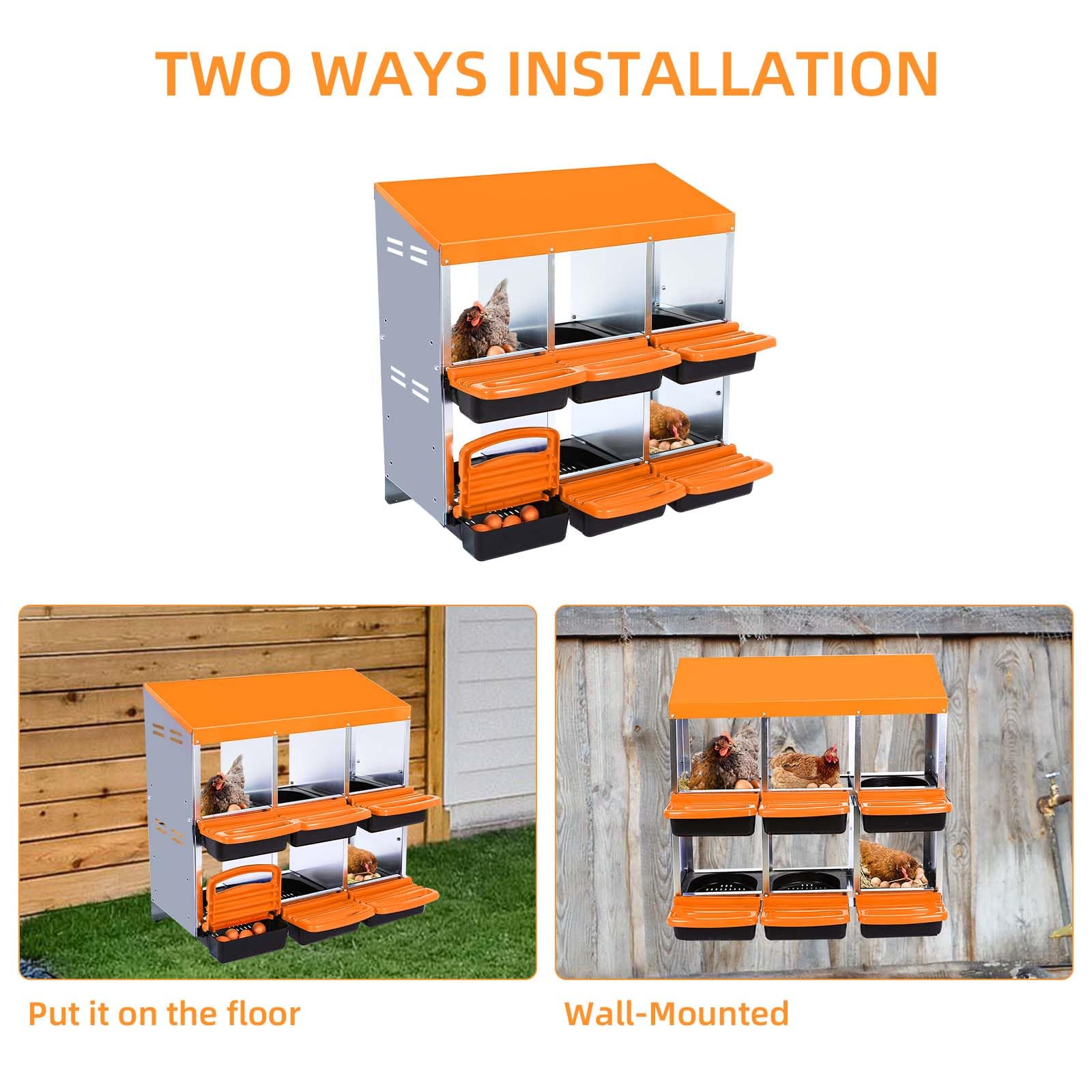 Garvee Chicken Nesting Box 6-Hole Roll Away Egg Laying Box with Lid Heavy-Duty Galvanized Steel Rustproof Design Wall-Mountable Orange