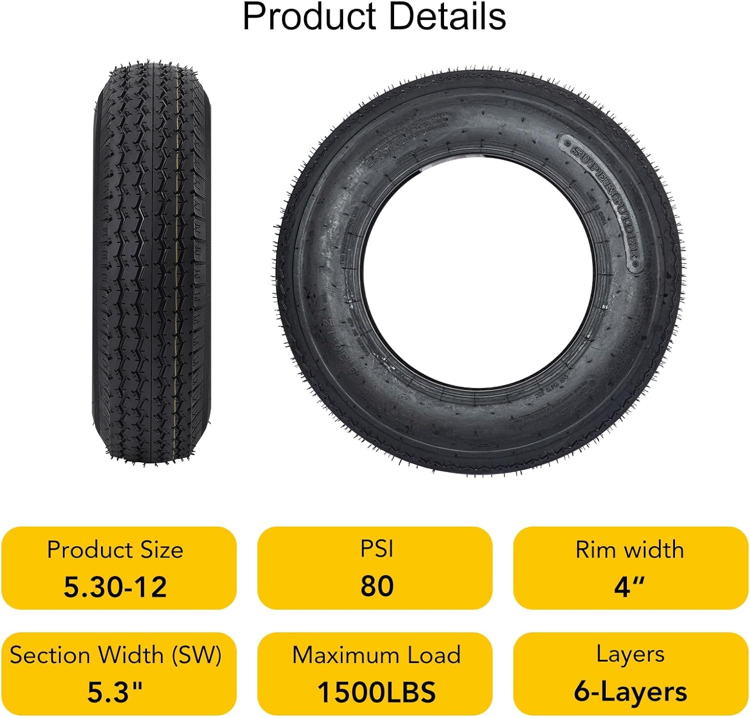 Garvee 4 PCS Trailer Tires 5.3-12 530-12 6PR Load Range C 12'' Rim Agricultural Terrain Towing Black
