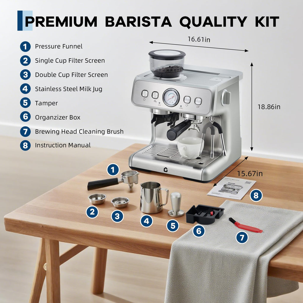 Garvee All-in-One Espresso 20-Bar Stainless Steel Espresso Machine with Grinder - Milk Frother, 2.8L Removable Water Tank, Perfect for Home and Office, Silver