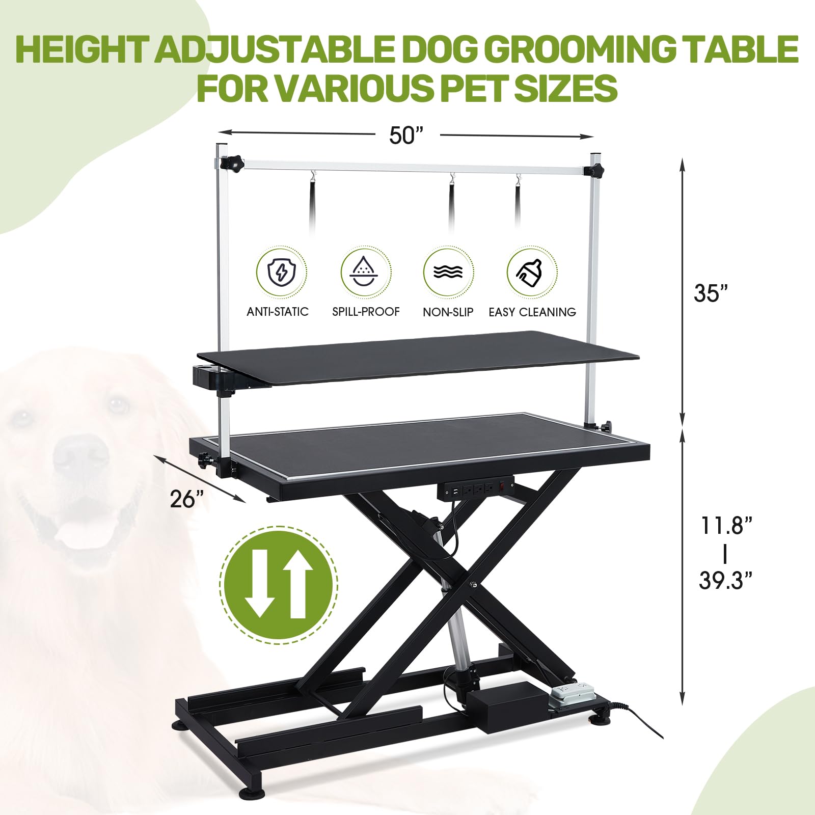 Garvee 50" Professional Dog Grooming Table,Heavy Duty X-Type Electric Lift Large Pet Grooming Table w/Aluminum Dog Grooming Arm,Anti Slip Tabletop,Tool Organizer/Dog Grooming Station(Black, 50")