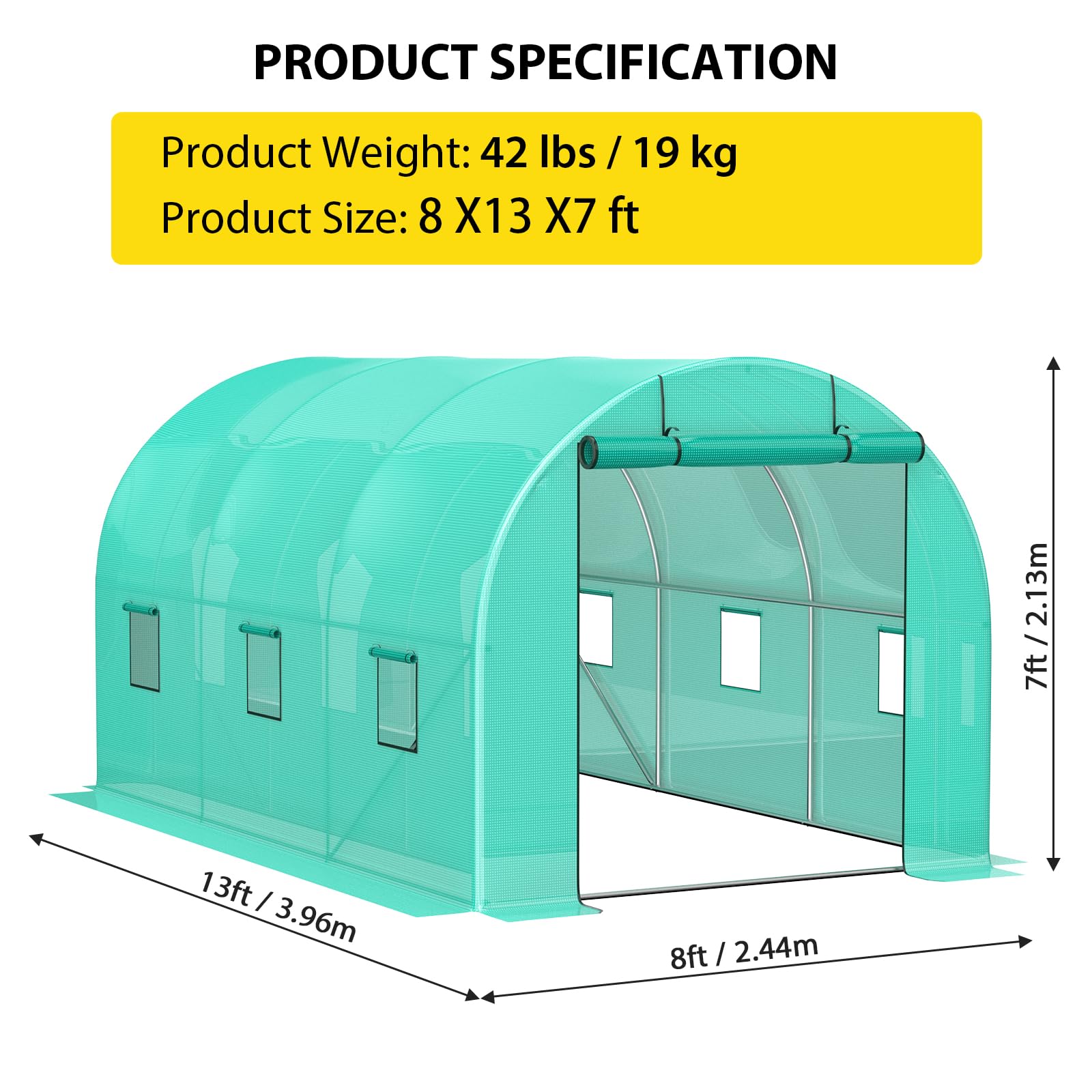 Garvee 13'x8'x7' Walk-In Tunnel Greenhouse Hoop House with Galvanized Steel Frame, 140g/m² Green PE Cover, Roll-Up Zipper Door & 6 Windows