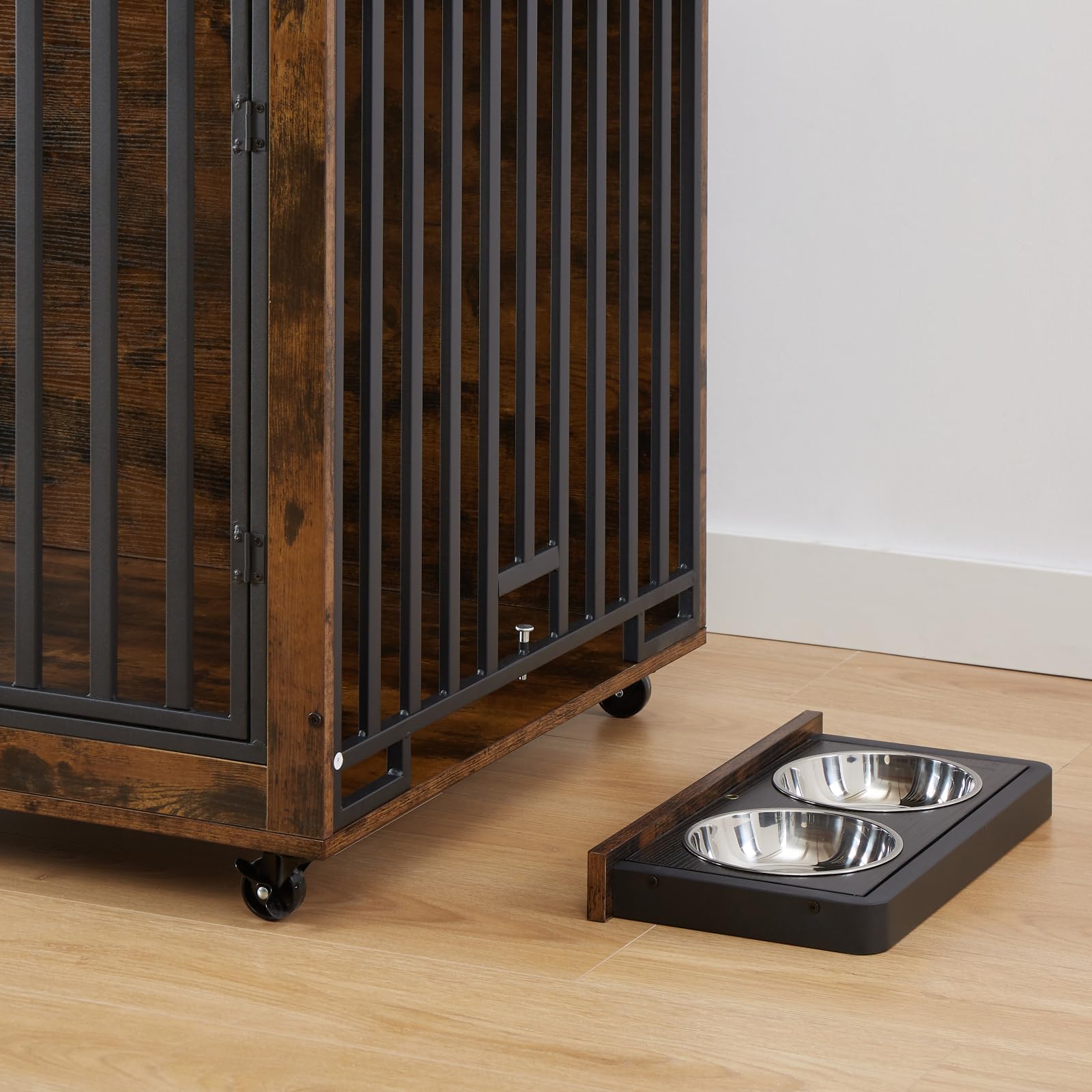 Garvee Dog Crate Furniture Decorative Wooden Dog Kennel End Table With Chew-Proof Metal Barrier And Dog Bowls For Small Medium Large Dogs Brown
