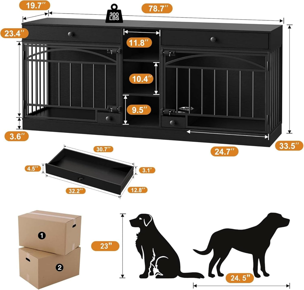 Garvee Dog Crate Furniture for 2 Dogs, 78.7" Large Dog Kennel Indoor with 2 Storage Drawers, 3 Shelves and Feeding Bowls, Double Dog Crate TV Stand for Small and Medium Dogs, Black
