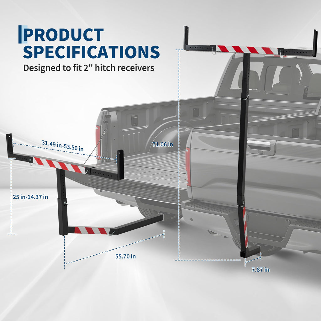 Garvee Adjustable 750 Lbs Hitch Mount Truck Bed Extender - Heavy Duty Steel, Foldable Pickup Rack for Kayak, Ladder, Lumber, Black