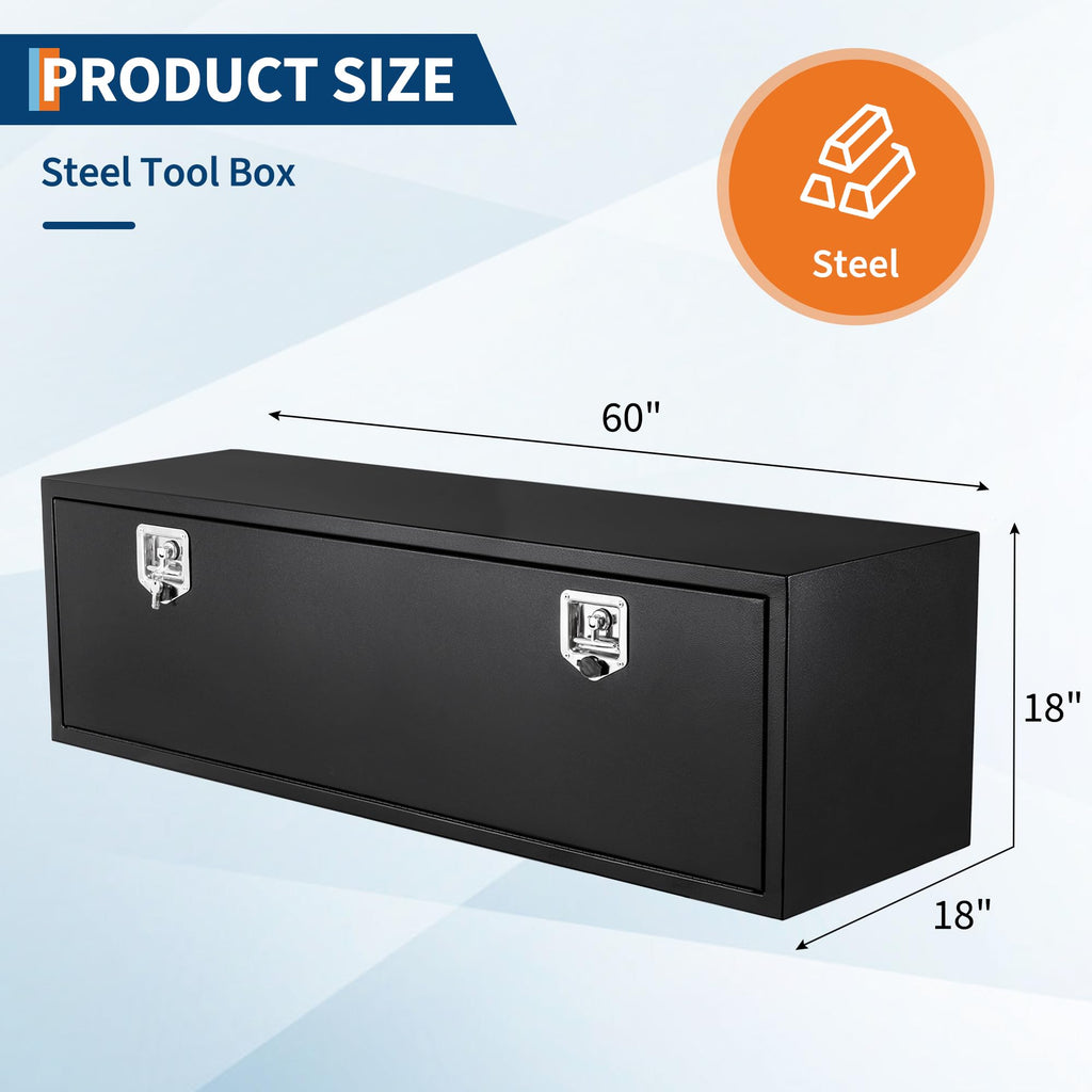 Garvee 60'' Underbody Truck Box Steel Storage Tool Box with Lock for Pickup, Truck Bed, RV, Trailer, Heavy Duty Waterproof Black, 60x18x18