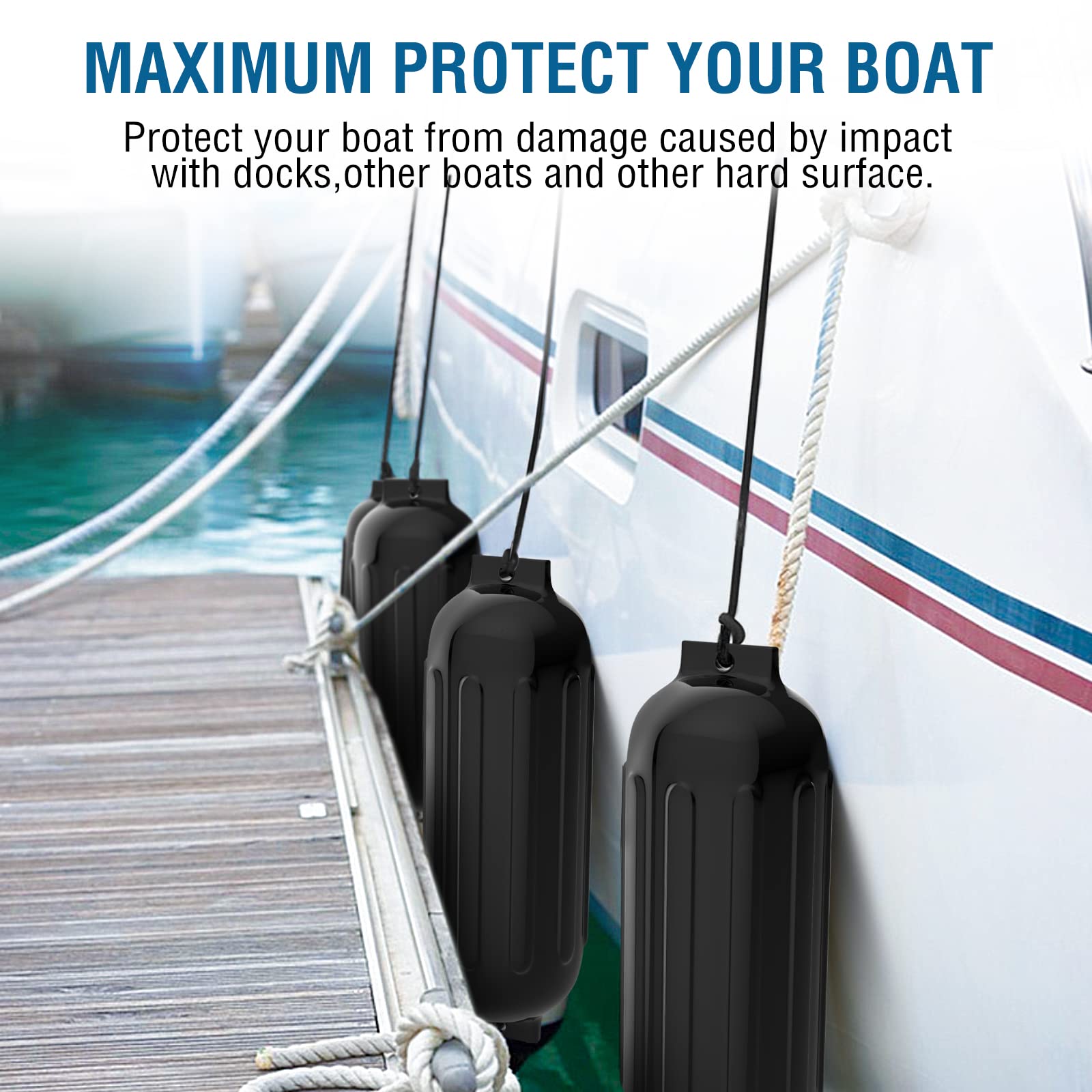 Garvee Boat Fenders 8.5 x 27 inches Pack of 4, Boat Bumpers for Docking with 4 Ropes, Inflatable Ribbed Marine Pontoon Boat Fender Bumper for Docks with 1 Storage Bag, 1 Air Pump and 4 Needles, Black