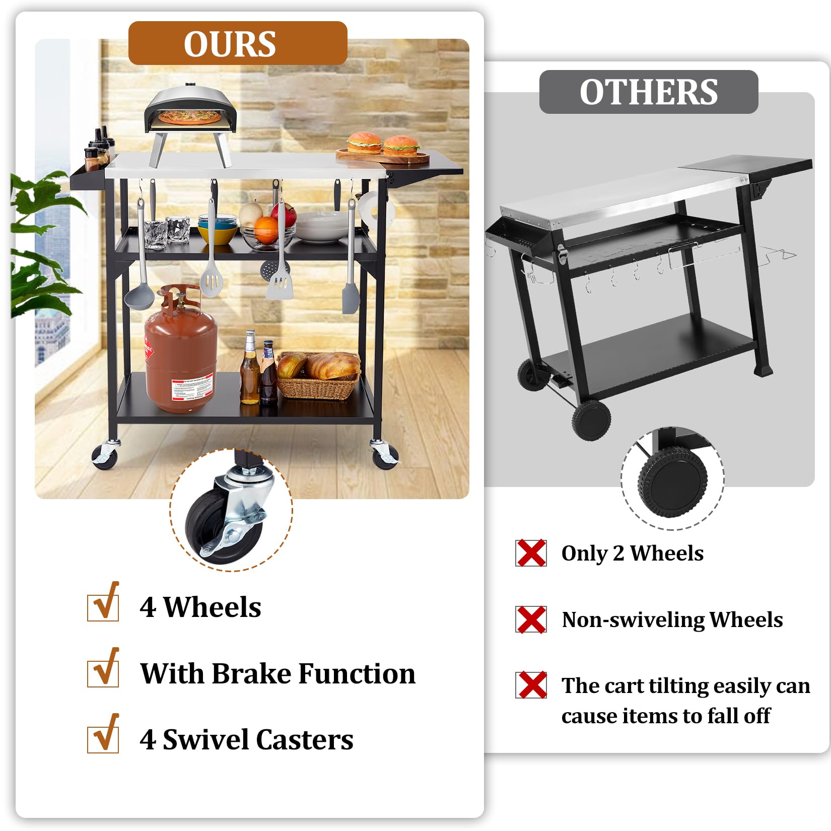 Garvee Outdoor Grill Table Cart with 4 Wheels + Stainless Steel + Movable Prep Table + Multifunctional + Metal Work Table + Side Table + Storage Rack + BBQ, Pizza Oven, Kitchen