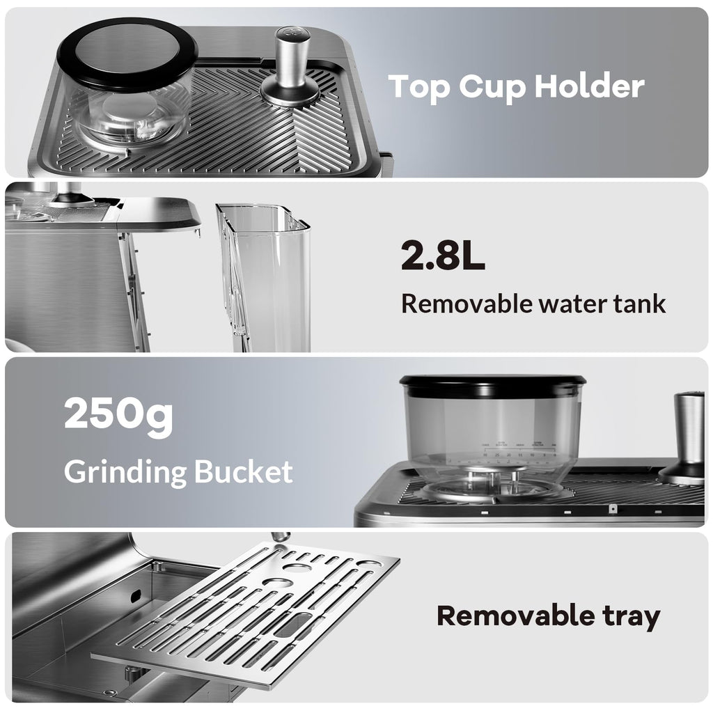 Garvee 20 Bar Espresso Machine - 1500W Motor, Built - In 30 - Setting Grinder, Milk Frothing, PID, 2.8L Tank