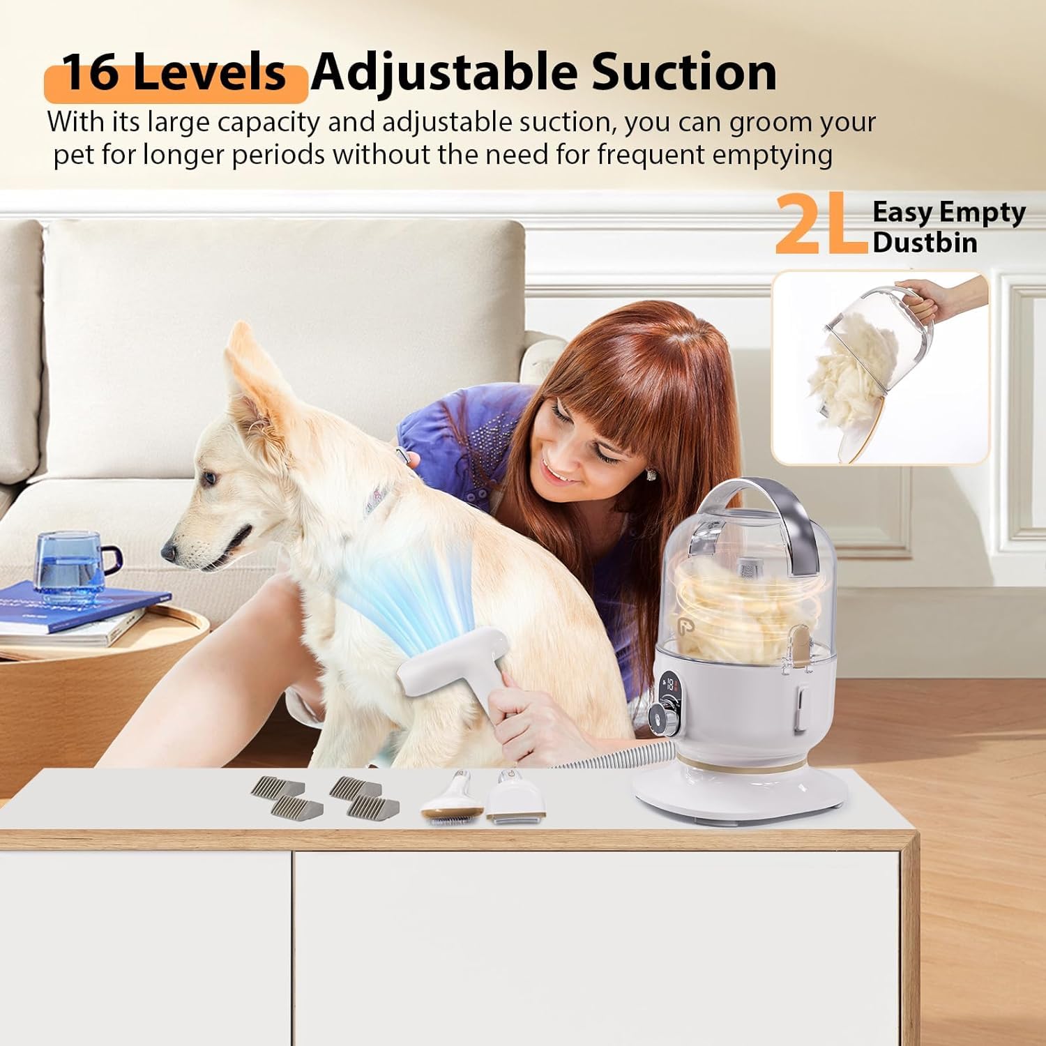 Garvee Pet Grooming Vacuum Suction Dog Grooming kit with 2 L Large Dust Cup Low Noise Dog Hair Remover, Gold