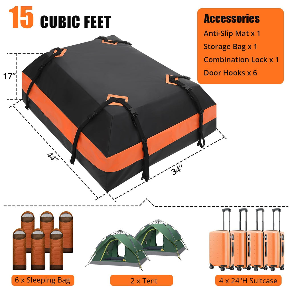 Garvee Car Rooftop Cargo Carrier Waterproof Bag, 15 Cubic Feet, Extra Durable Roof Rack Cargo Bag with Waterproof Zipper, 8 Reinforced Straps, 4 Door Hooks and Luggage Lock