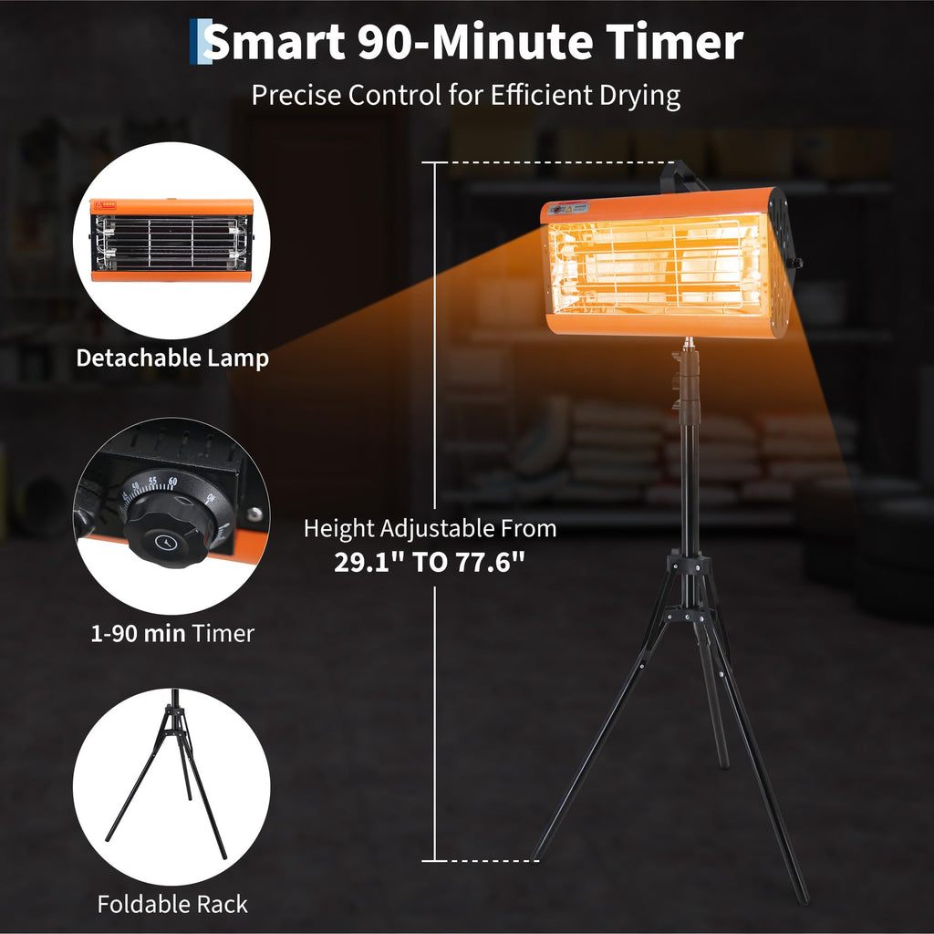 Garvee 2000W Infrared Curing Lamp with Timer & Spray Booth, Handheld/Stand Dual-Use for On-Site Car Paint Repair, Adjustable 0-90 Min, Includes Bracket