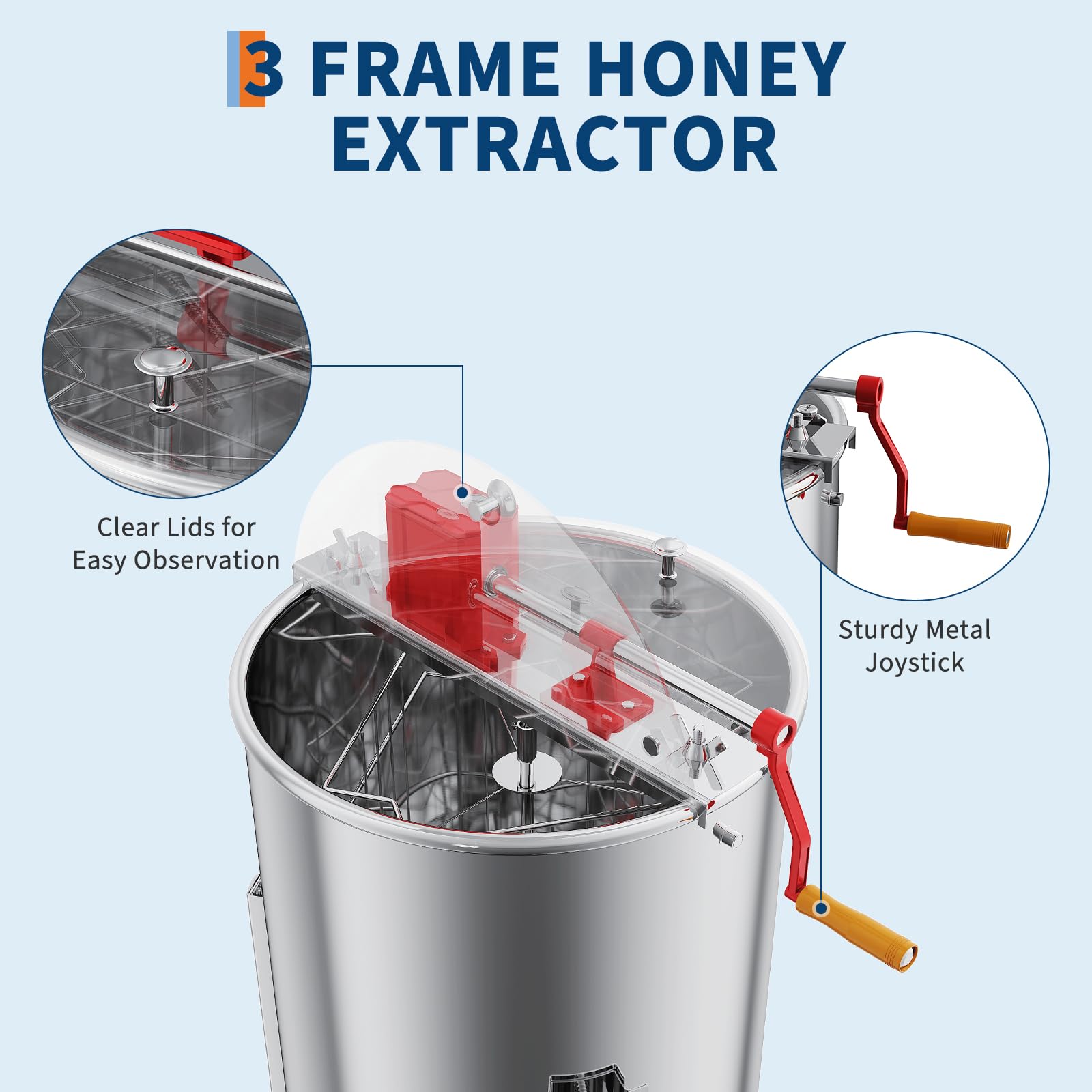 Garvee Manual 3 Frame Honey Extractor – Food-Grade Stainless Steel with Adjustable Stand & Transparent Lid for Small-Scale Beekeeping & Harvesting
