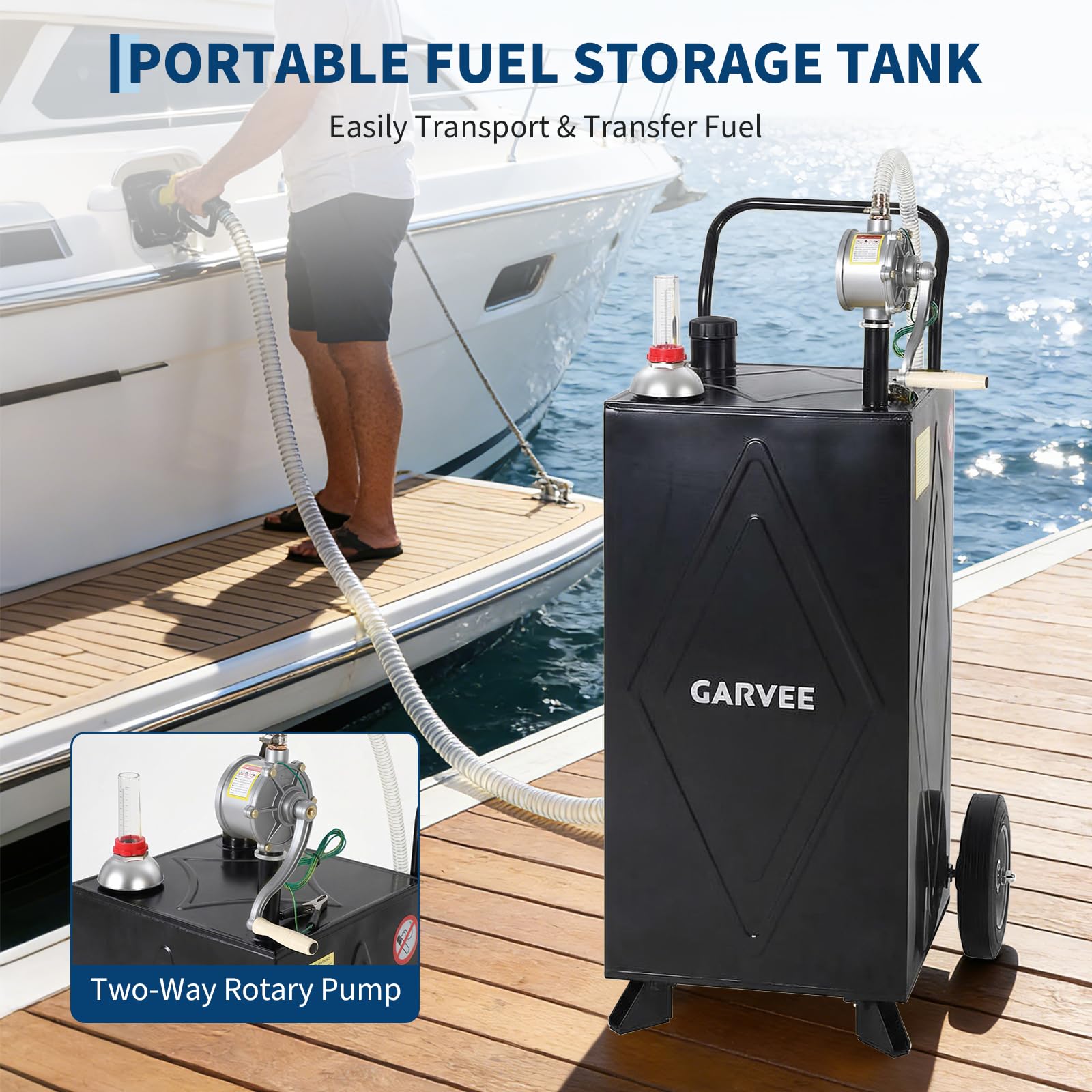 Garvee 30 Gallon Fuel Gas Caddy, Portable Storage Tank with Wheels and Manual Hand Pump for Gasoline and Diesel Transfer, Suitable for ATV, Car, Mower, Tractor, and Boat, Black