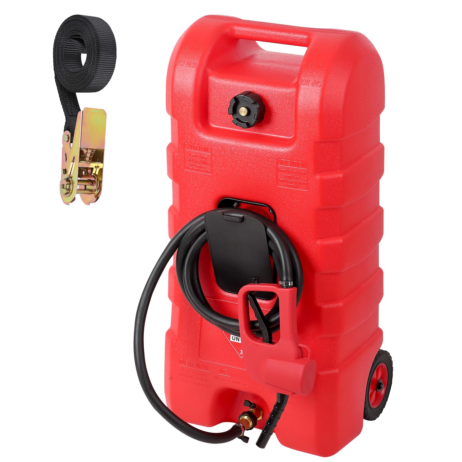 Garvee Fuel Caddy, 15 Gallon Portable Gas Fuel Tank Container with LE Fluid Transfer Siphon Pump and 10ft. Delivery Hose, Diesel Storage Can On-Wheels for Cars, Lawn Mowers, ATVs, Boats, Red